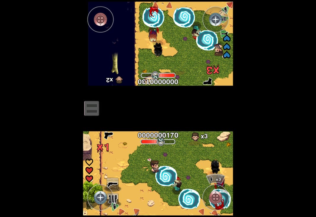 Age of Zombies split screen on an iPad: the top half is turned upside down for the player sitting opposite, each half with its own touch sticks