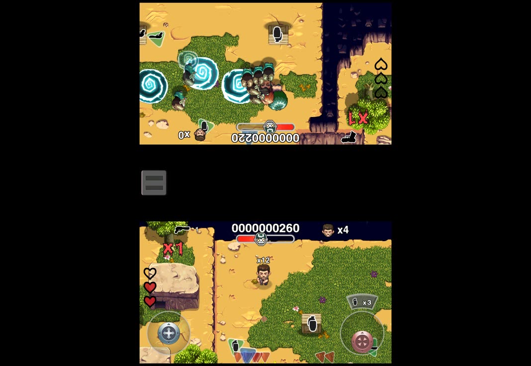 Both halves of the split screen mid fight, a zombie horde in the top half facing the second player