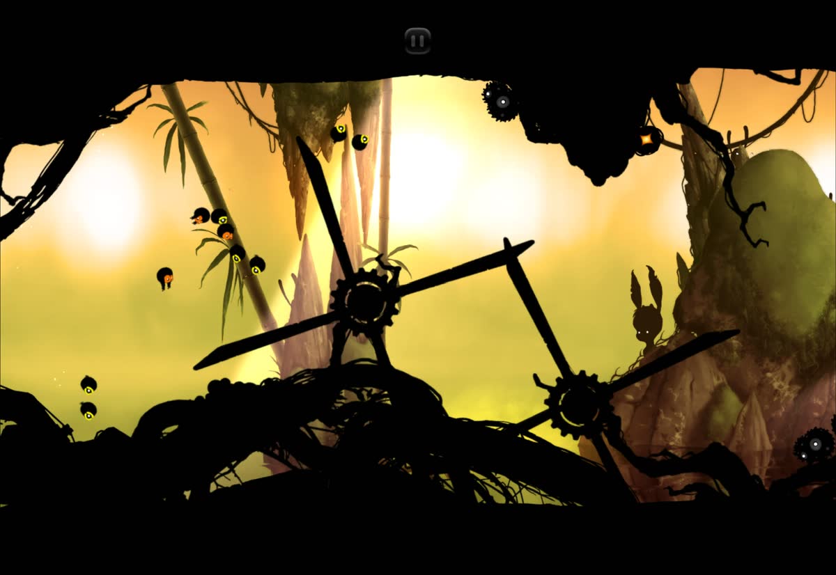 Two players flying their clones past giant spinning blades in Badland, one swarm with yellow eyes, the other orange