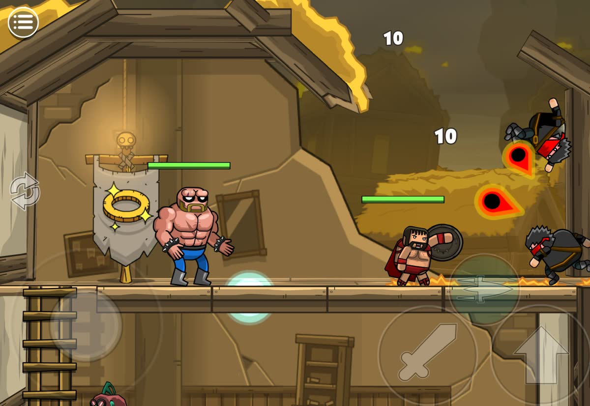 Blackmoor 2 with two players on one screen: a masked wrestler and a Spartan fighting ninjas in a burning village