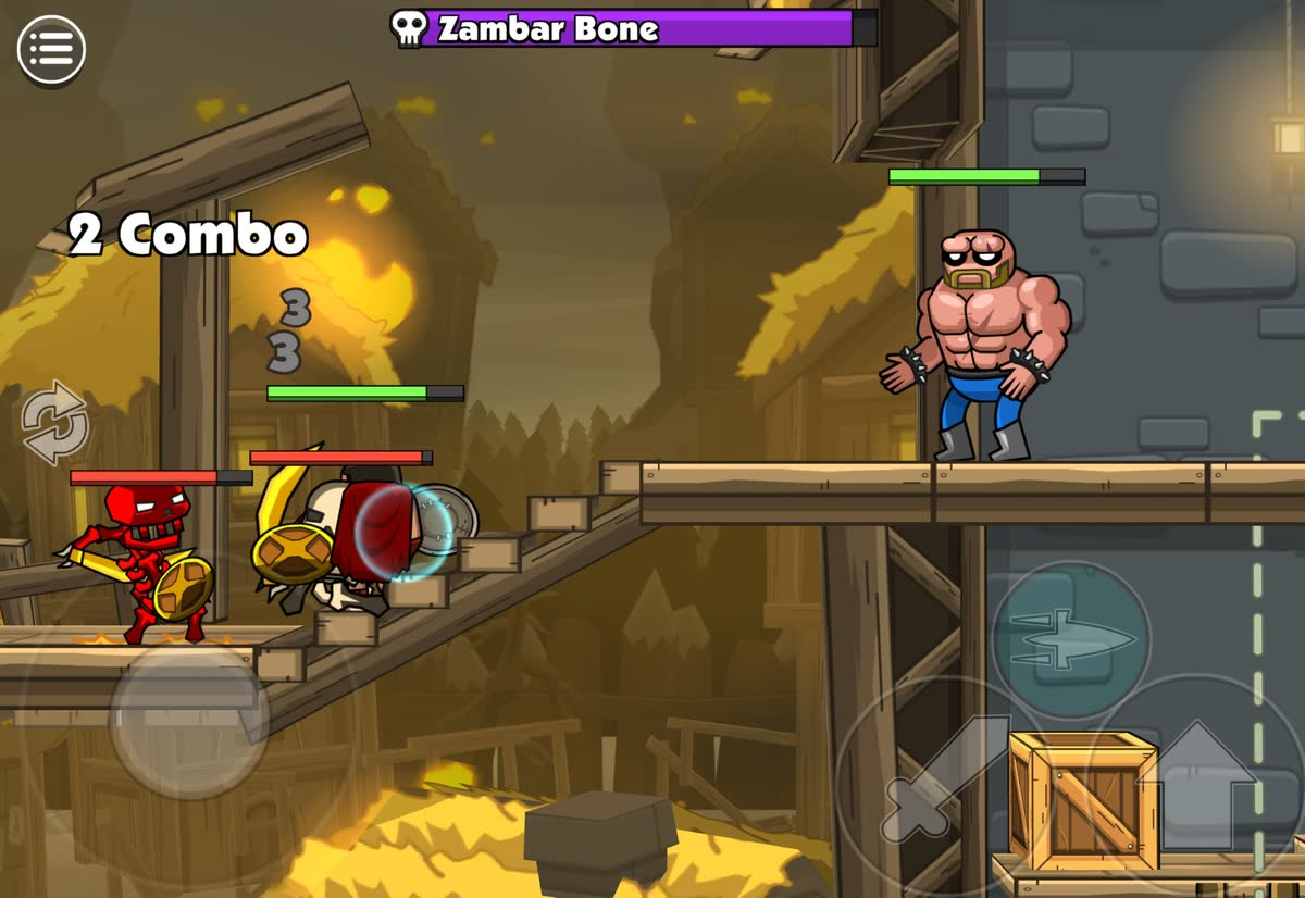 Both heroes take on a boss on the stairs, a 2 combo counter on screen