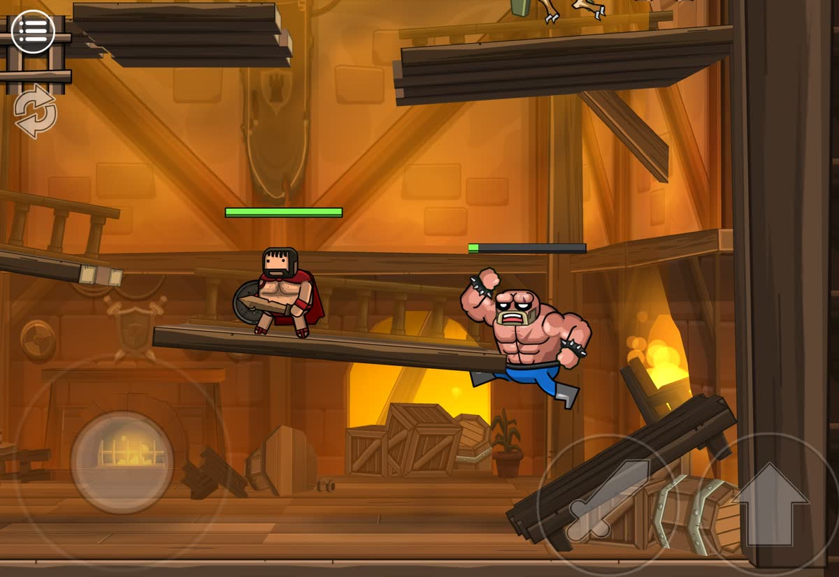 Player two jumps across the platforms while player one holds position, each with their own health bar