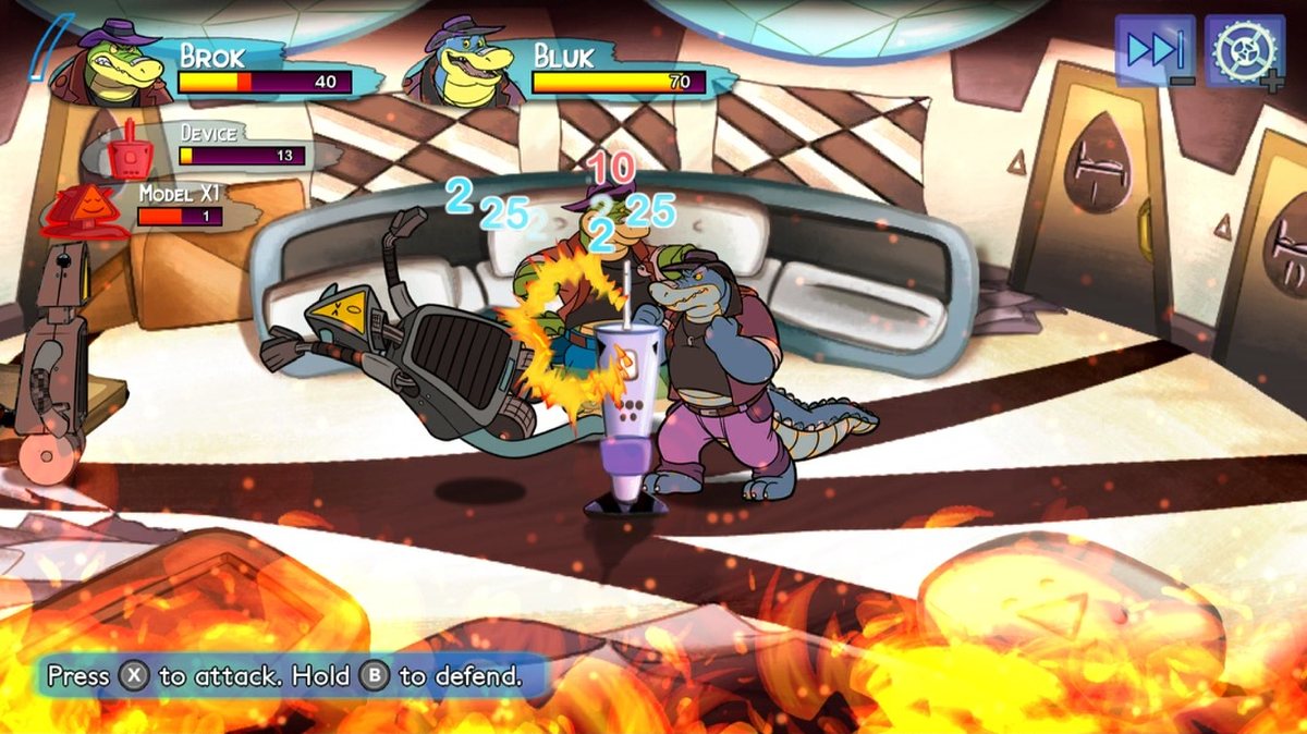 Brok and Bluk fighting a robot together in a burning room, both health bars at the top