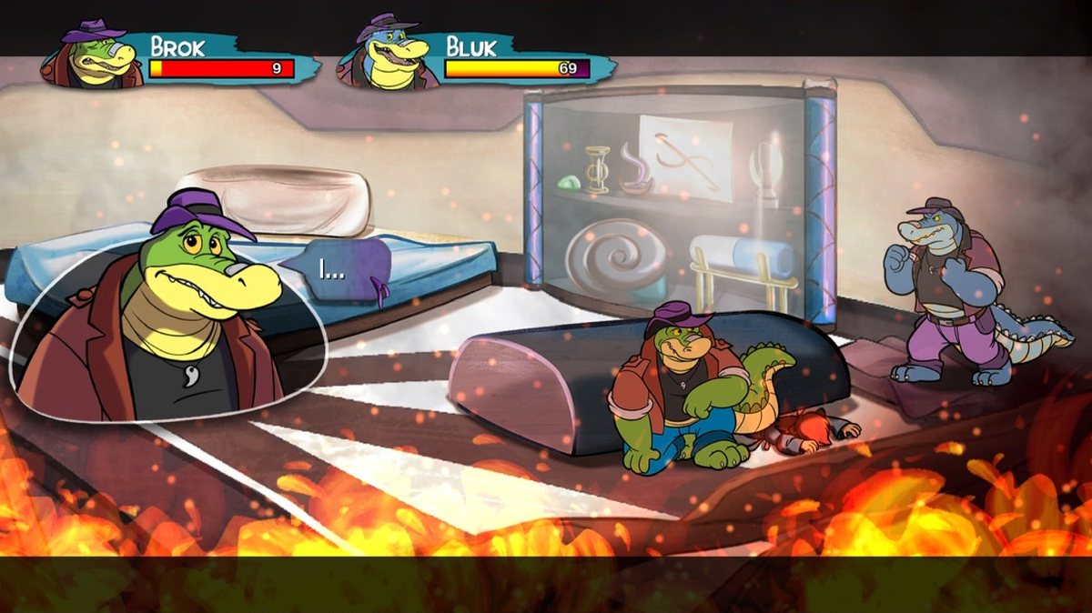 Brok kneeling in a burning bedroom while Bluk stands ready on the right, a speech bubble showing Brok's line