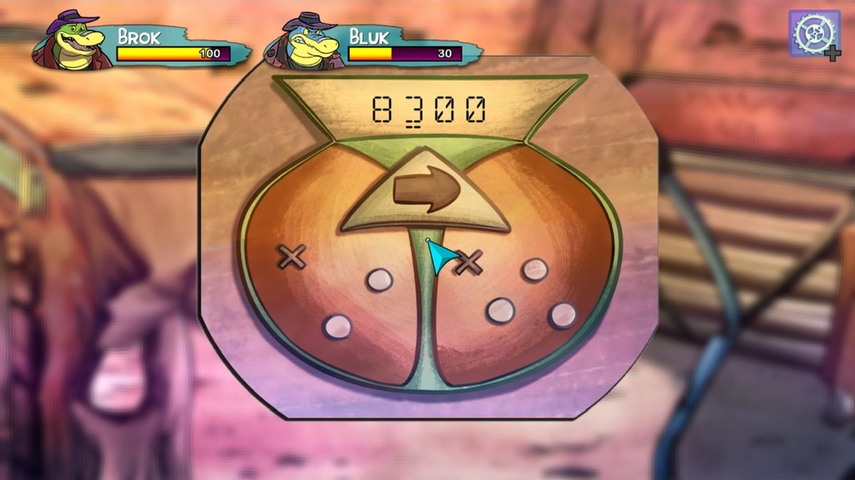 A number lock puzzle in BROK the InvestiGator, the cursor setting a code while both health bars show at the top