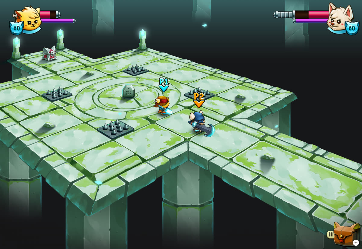 Cat Quest II co-op on one iPad: the cat and the dog hero, marked P1 and P2, on a mossy dungeon platform with spike traps