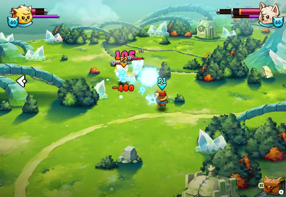Both players fighting in the open world, player two landing a 480 damage hit