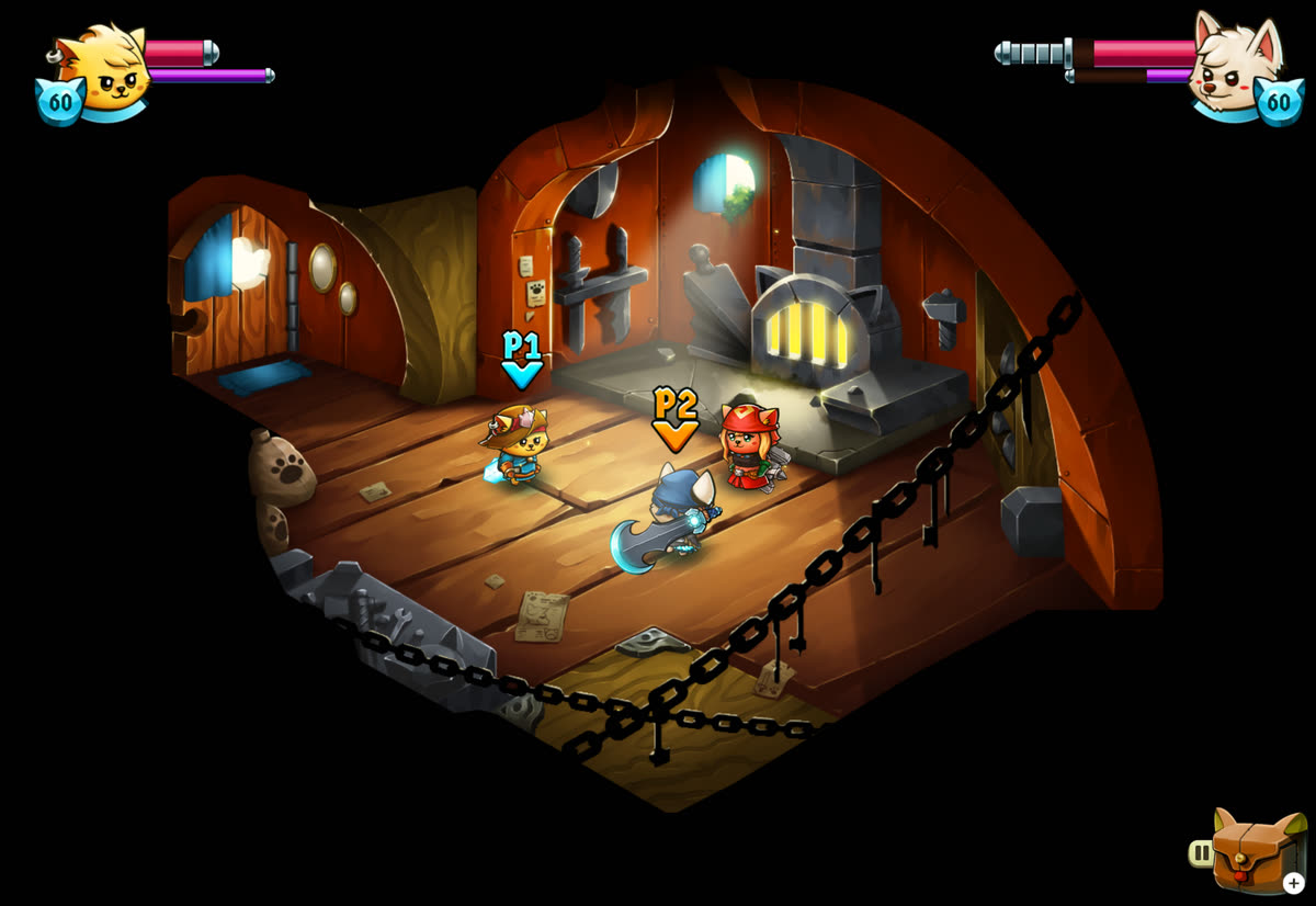Both players inside the blacksmith, a small cosy room