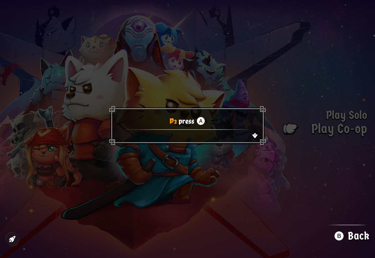 Cat Quest II main menu with Play Co-op selected and the prompt for player two to press A