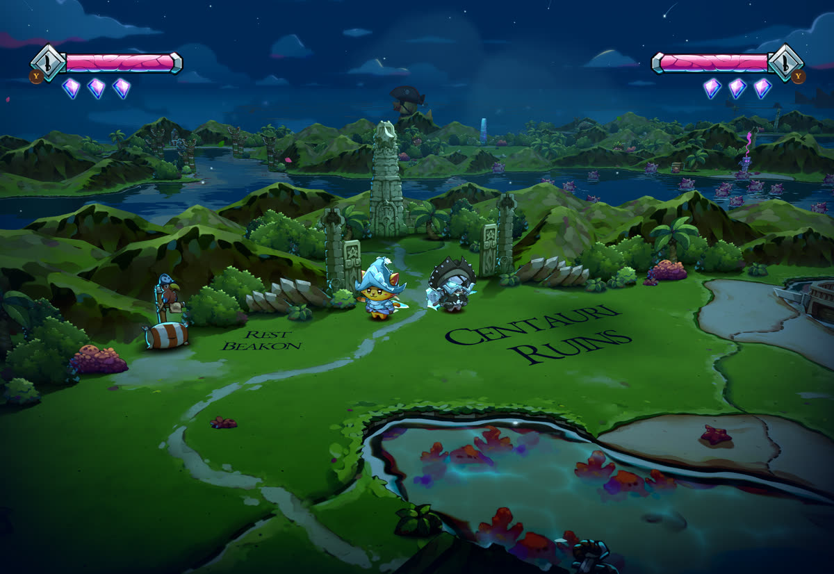Cat Quest III co-op on one iPad: a wizard cat and a pirate knight cat at the Centauri Ruins by night