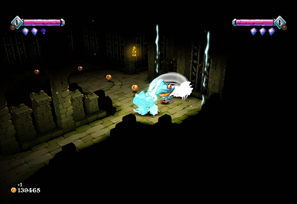 Both players fighting in a dark dungeon, a spectral knight swinging a big sword