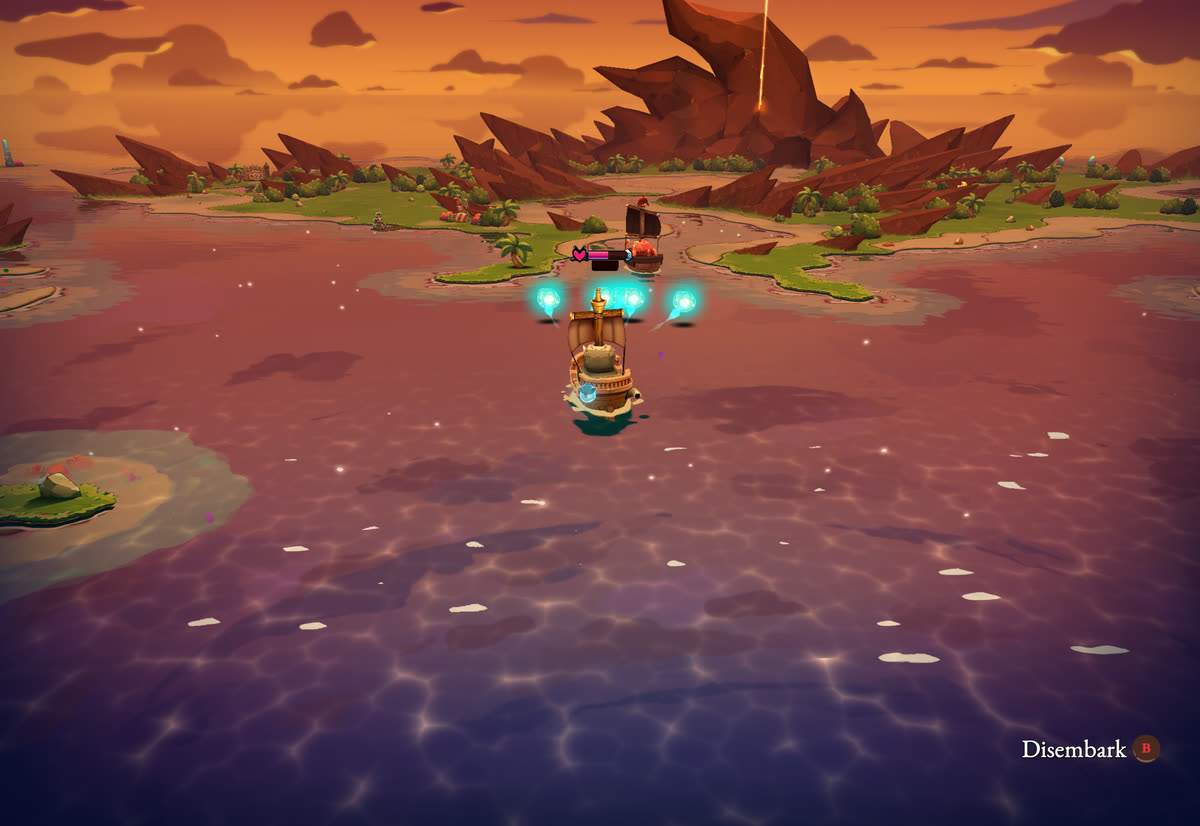 Sailing the ship towards a volcanic island at sunset