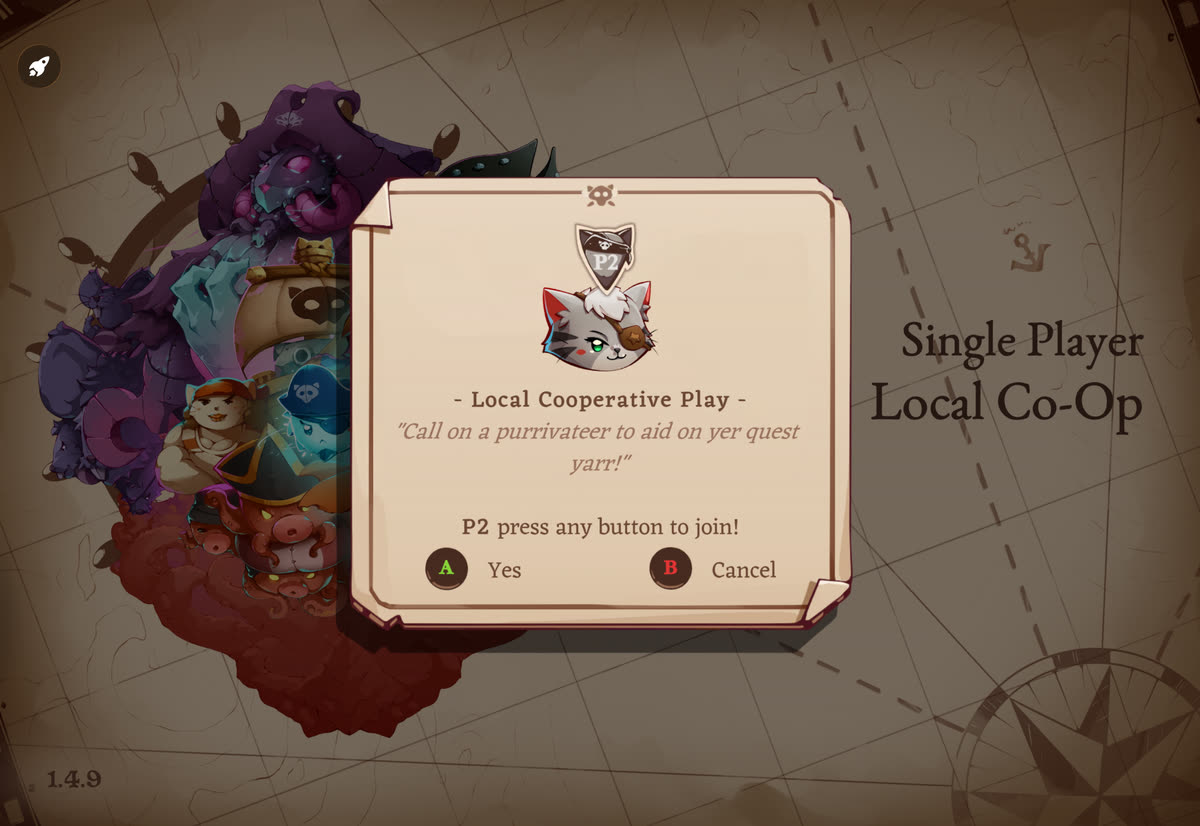 Cat Quest III main menu with Local Co-Op selected and the prompt for player two to press any button to join