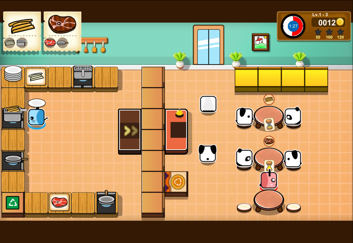 PKKP: CookDuo on one iPad: the blue cook fries food in the kitchen on the left while the pink waiter serves panda guests on the right