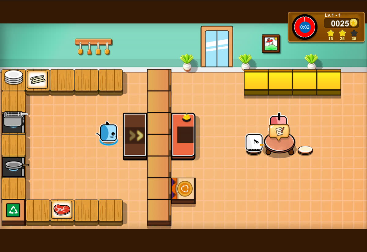 The first level: one guest orders while the cook waits for the ticket