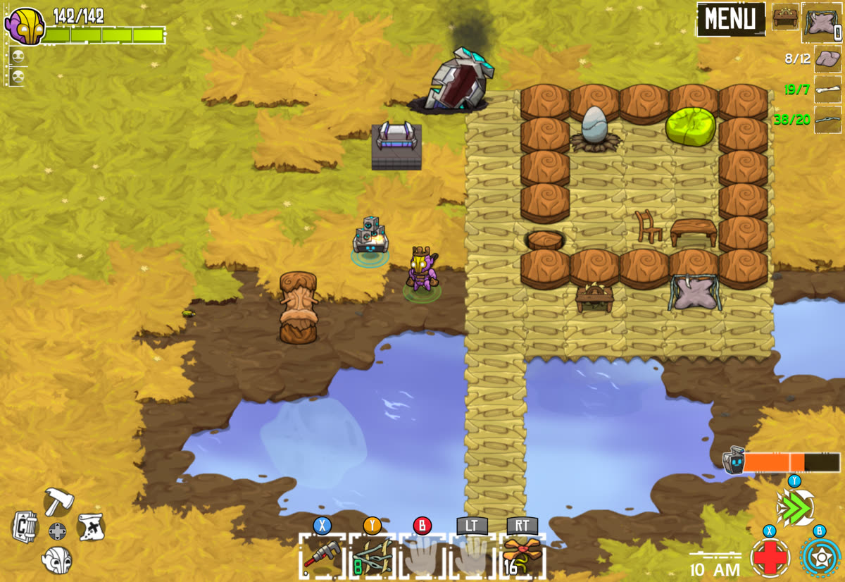 Crashlands: the survival camp by the water, with Flux and the robot Juicebox next to the workstations