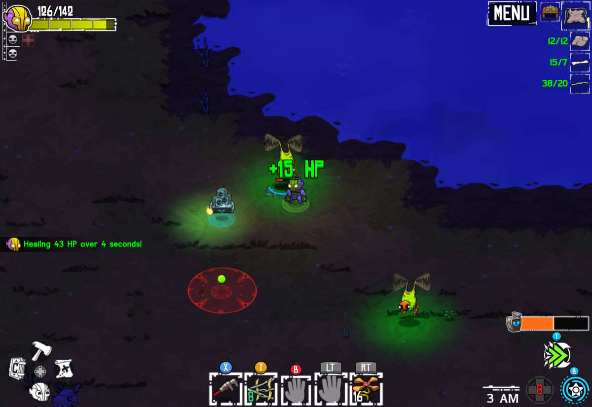 A fight at night, Juicebox healing Flux for 43 HP