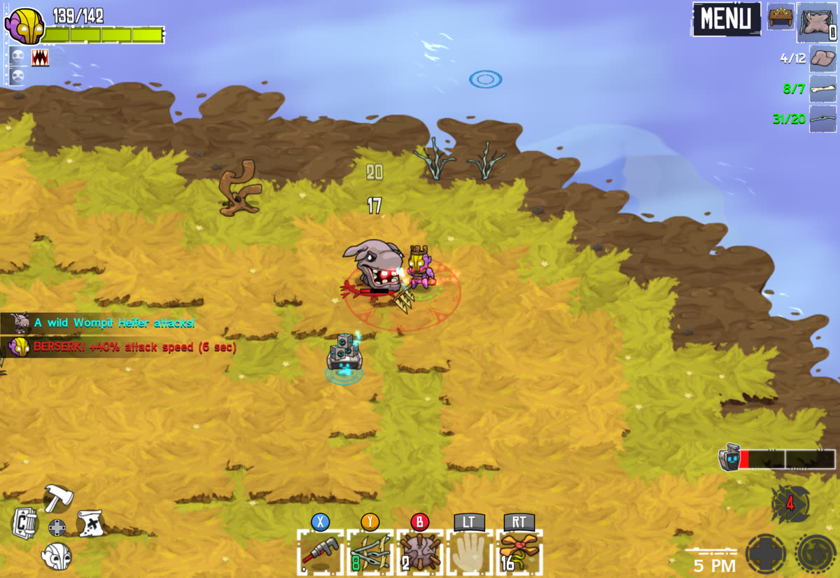 Flux fighting a wild Wompit on the shore with a berserk boost, Juicebox close by