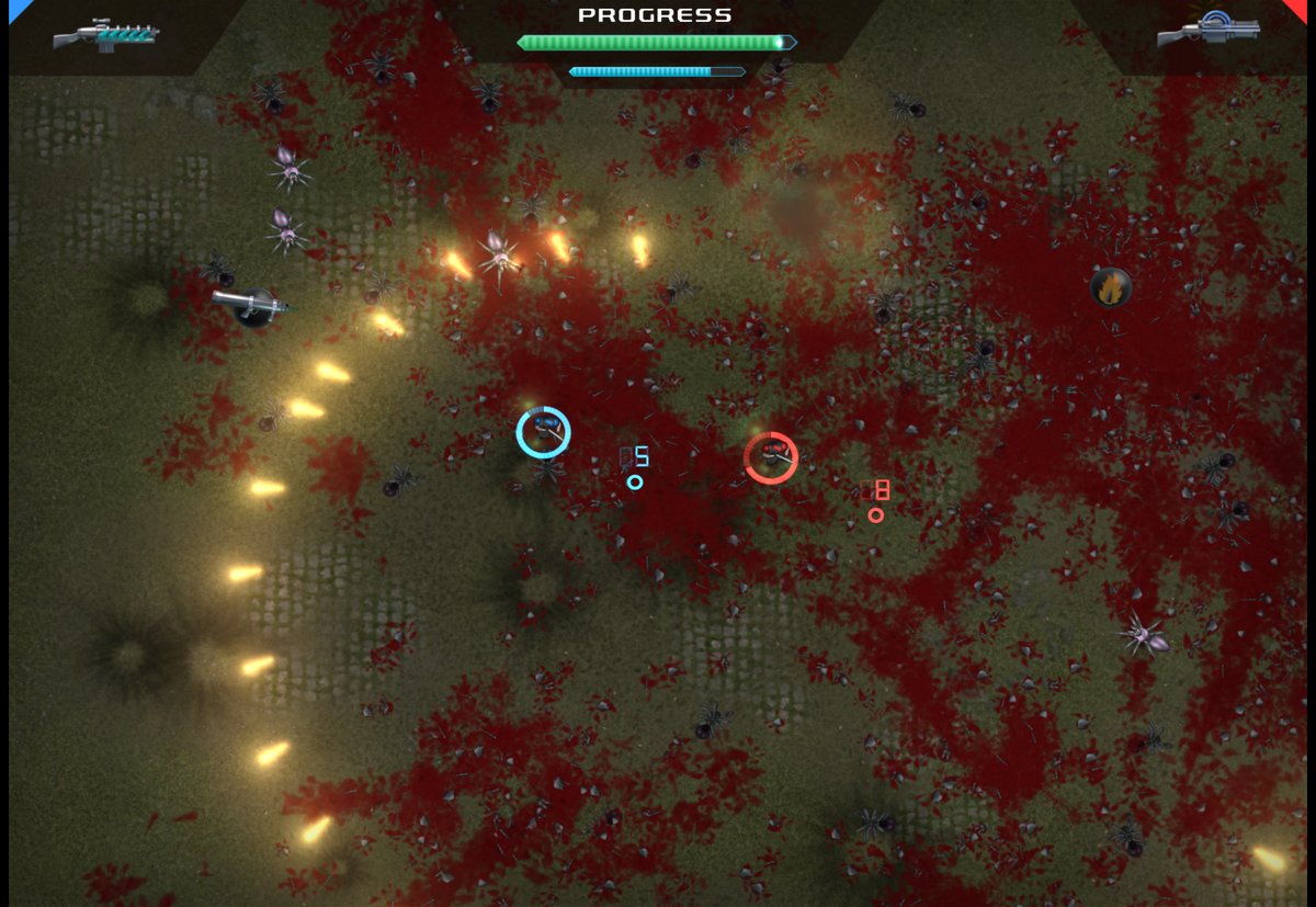 Two players, blue and red, standing in a field soaked in blood while a curved line of bullets cuts through a swarm of spiders