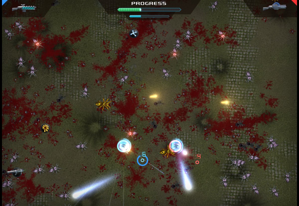 Both players inside shield bubbles, firing beams into a horde of spiders, the level progress bar at the top