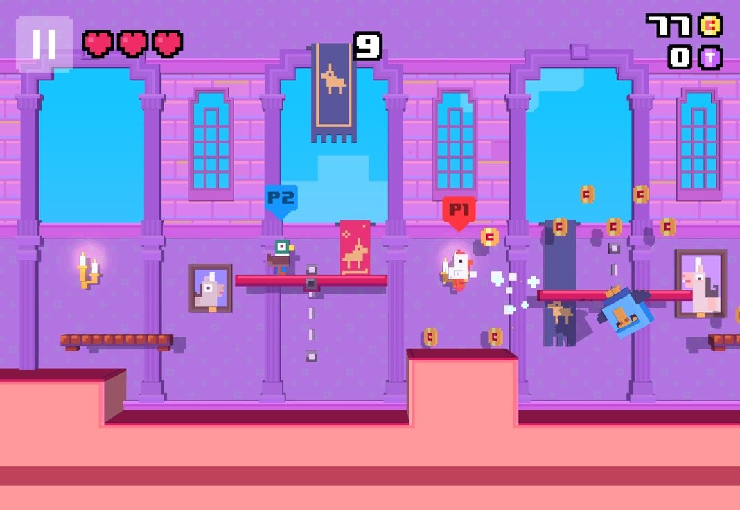 A castle hall with arched windows: player one as a white chicken and player two as a duck hop across red ledges collecting coins