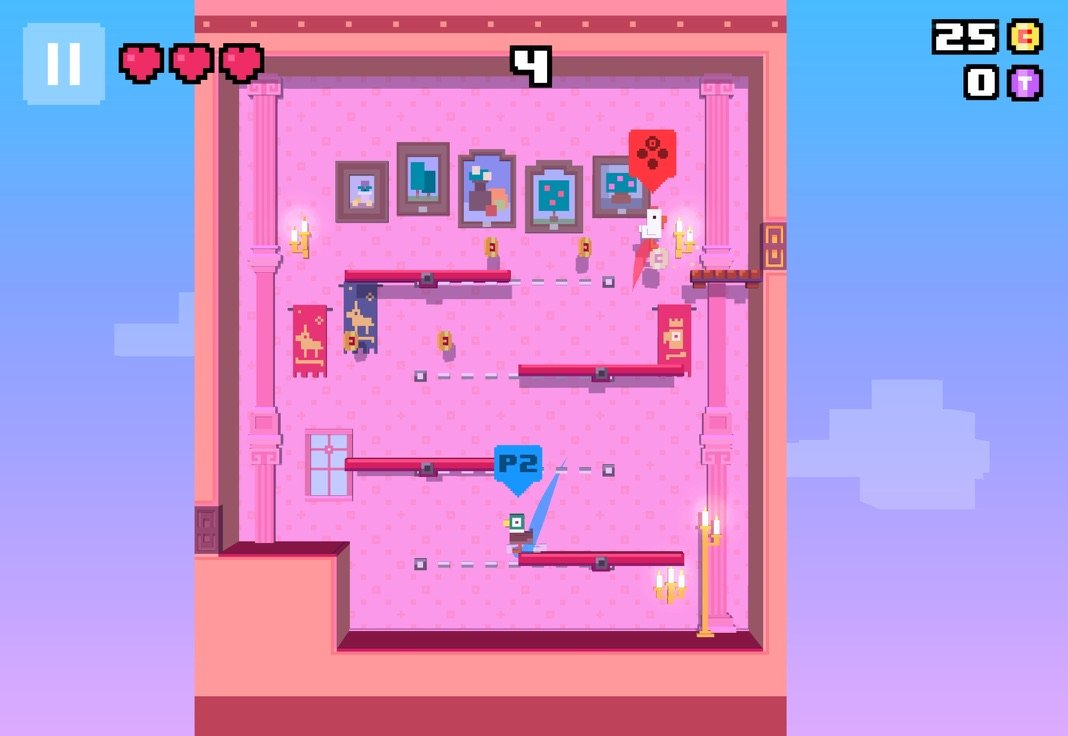 A pink gallery room with moving ledges, the duck marked P2 jumping up while the chicken waits at the top exit