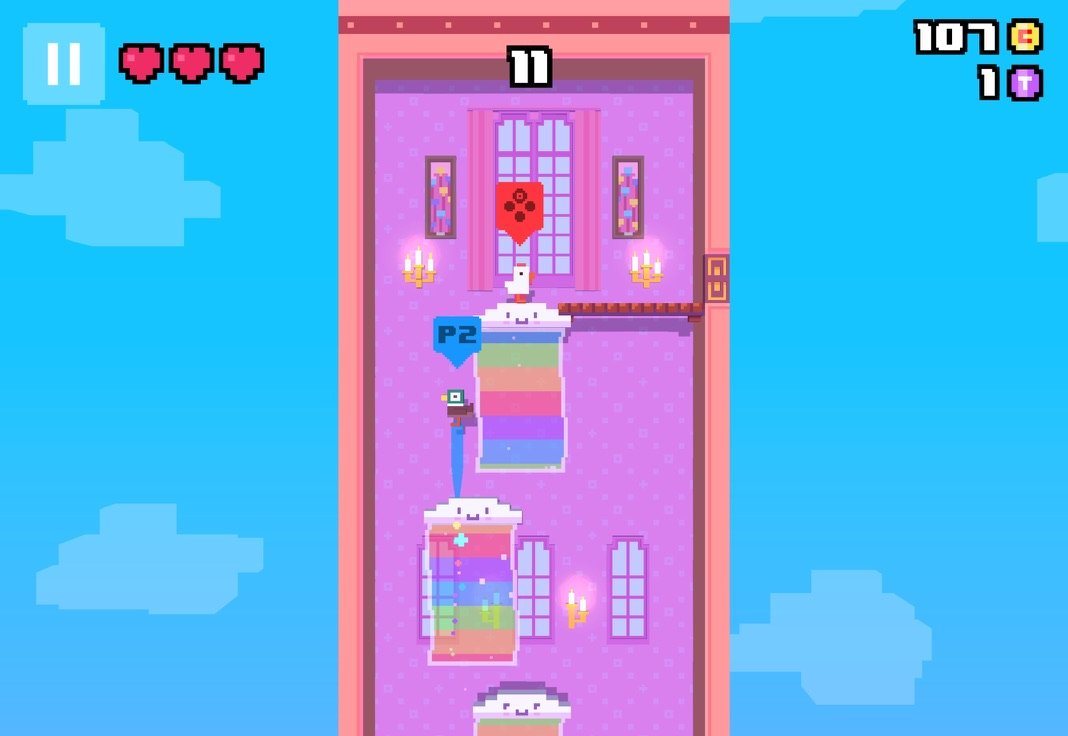 A narrow tower room with rainbow cloud pillars, the duck jumping up towards the chicken at the top
