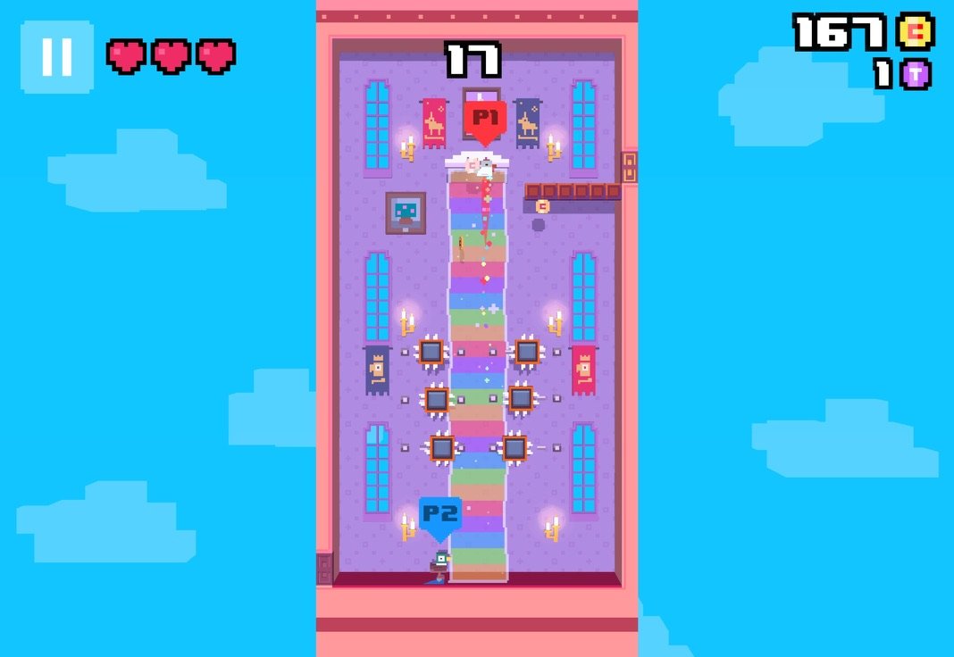 A tall room with spiked blocks along a rainbow column, the chicken climbing ahead while the duck starts at the bottom