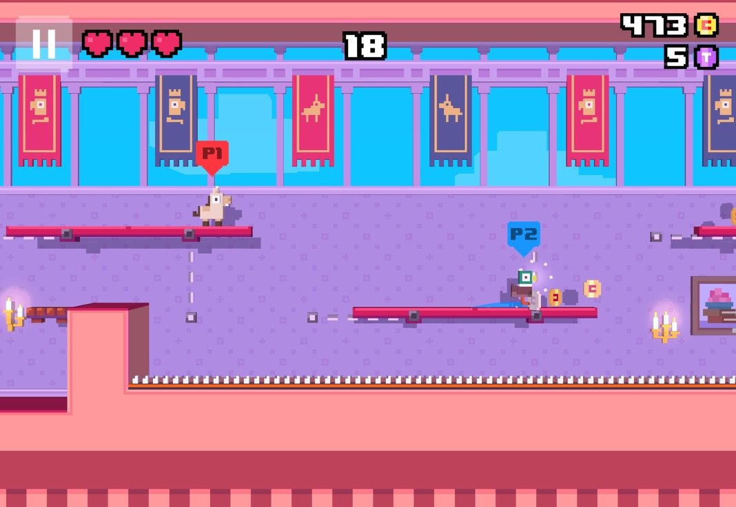 A long castle corridor with banners, a llama and the duck hopping across ledges above a row of spikes