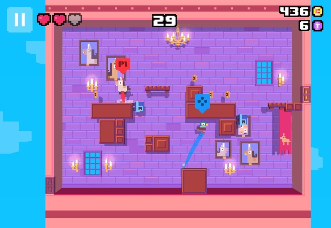 A purple room with portraits and wooden crates, the llama and the duck heading for different exits