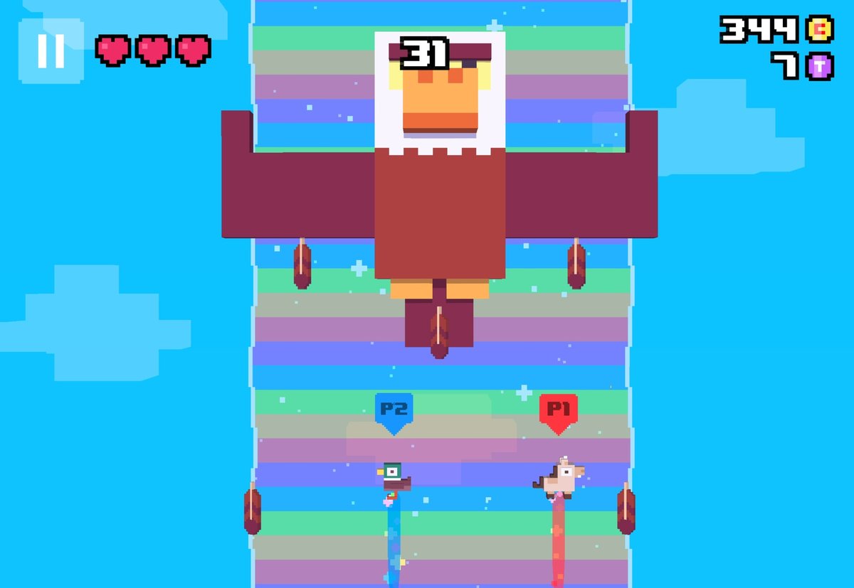 Boss fight: a giant blocky eagle dropping feathers while the duck and the llama dodge on a rainbow track