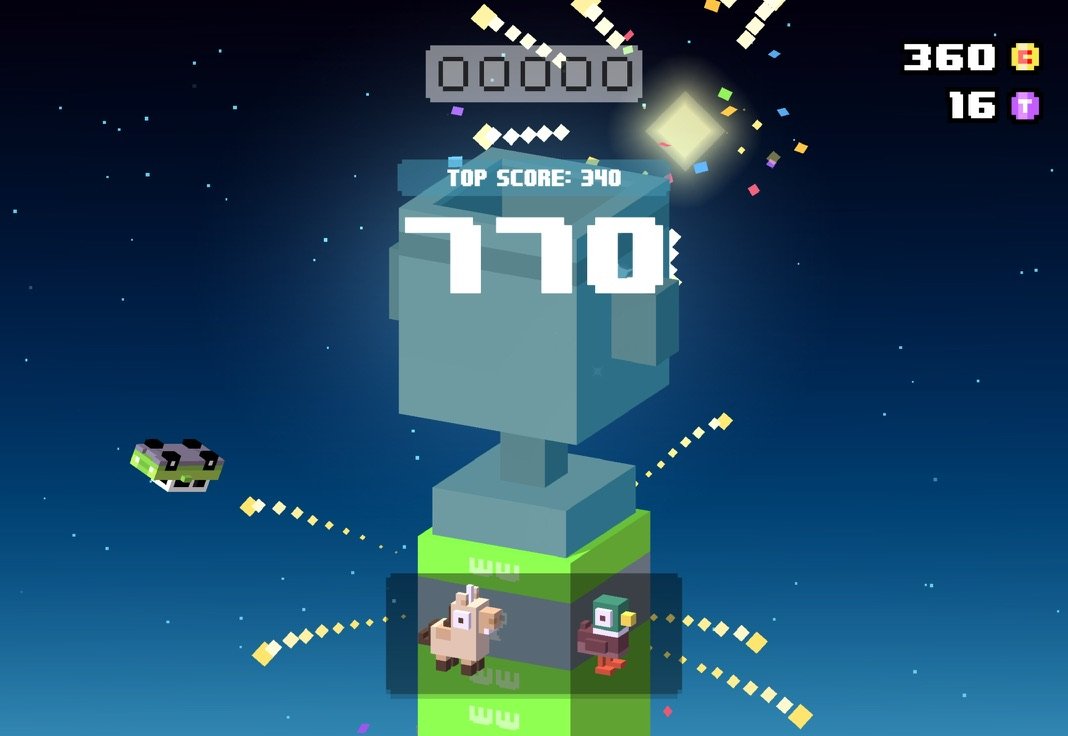 End of a run: the llama and the duck on a trophy podium with a score of 770 and a new top score