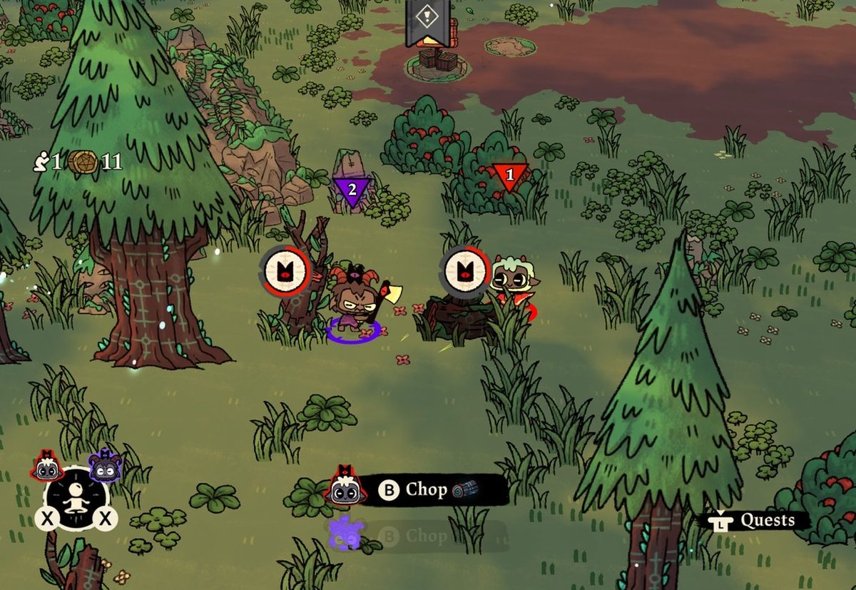 The Lamb and the Goat chopping trees side by side in a forest, marked 1 and 2