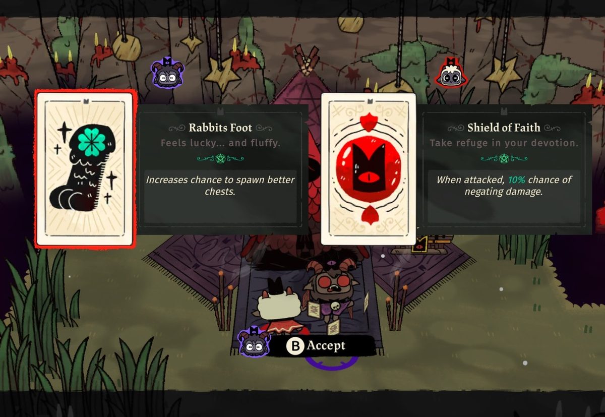 Tarot card choice in co-op: Rabbits Foot and Shield of Faith, with an icon showing which player picks
