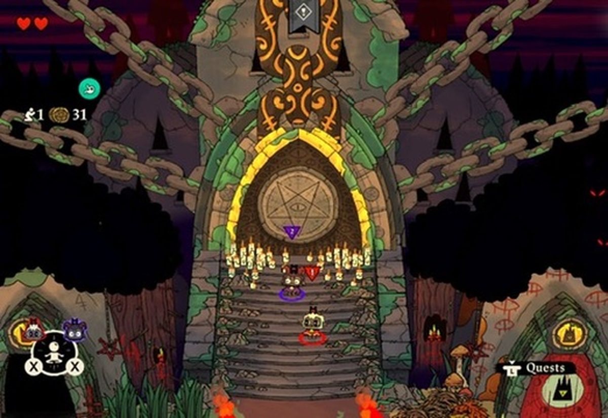 Both players climbing the candle-lit stairs to a chained temple gate