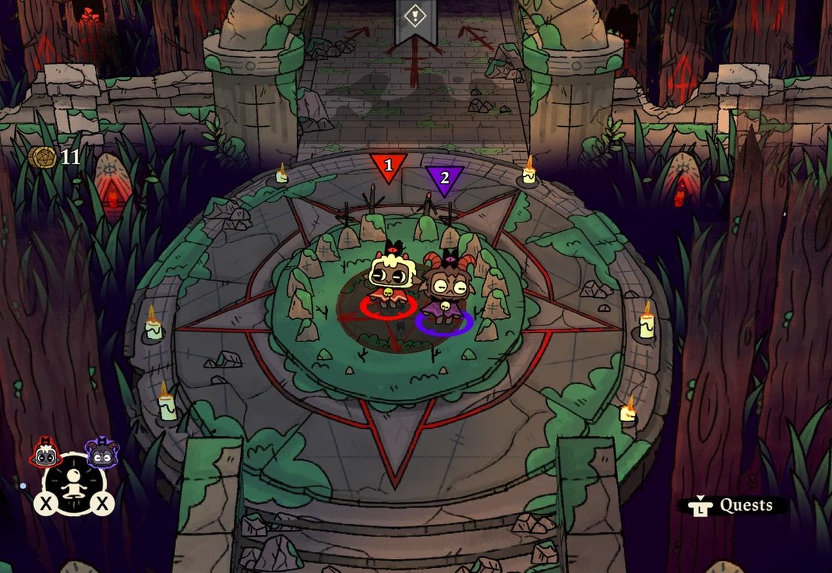 The Lamb and the Goat standing together on a stone pentagram, the point after the first level from which a second player can join