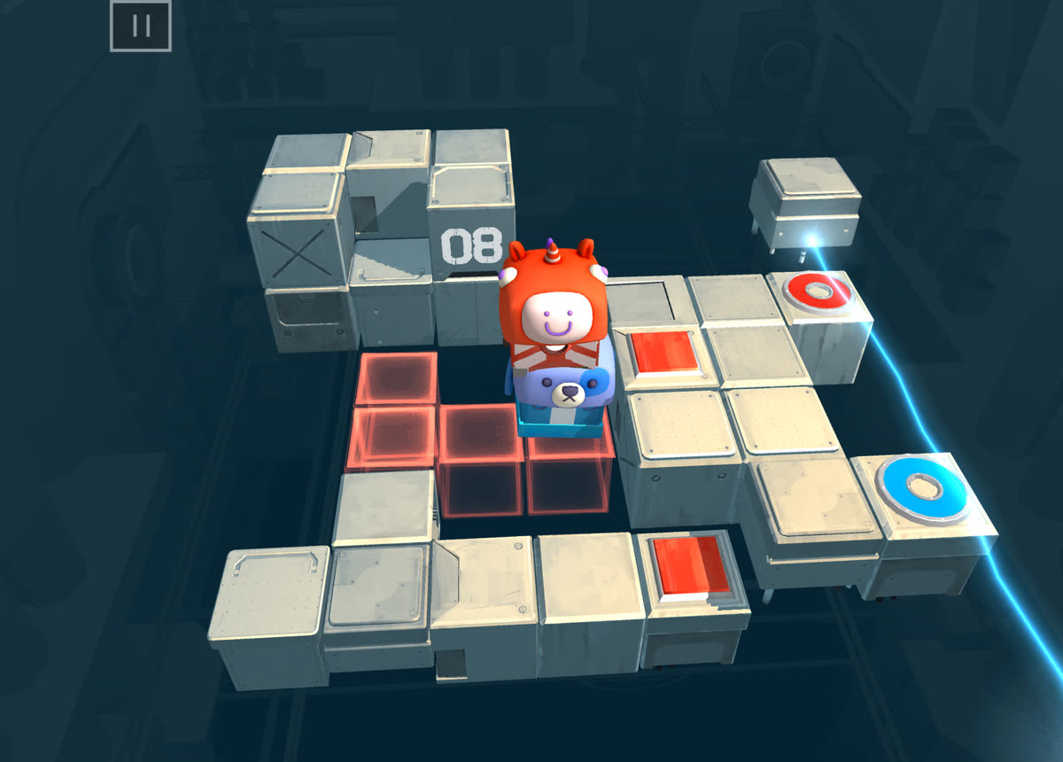 Level 08: one robot stands on top of the other to get past a gap