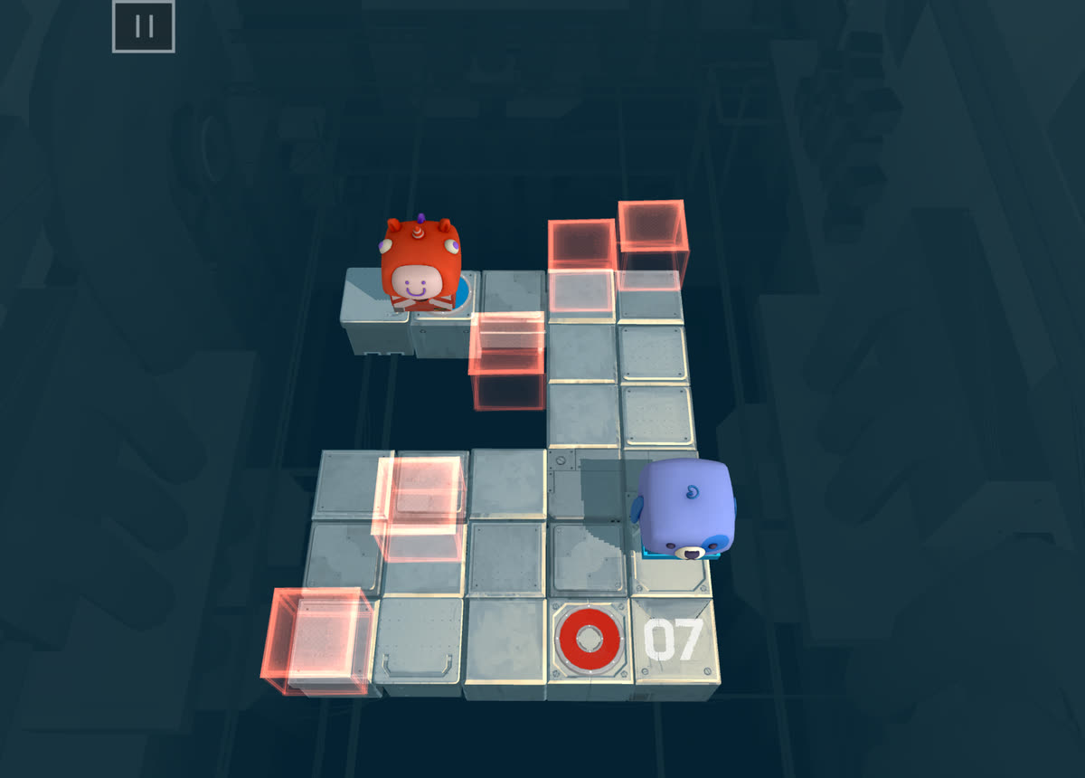 Level 07: the red and the blue robot on opposite ends of the puzzle, red hologram blocks between them