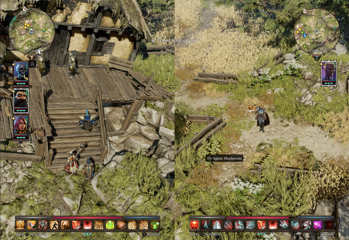 Split screen in a village: one player by a farmhouse with three party members, the other exploring a field alone
