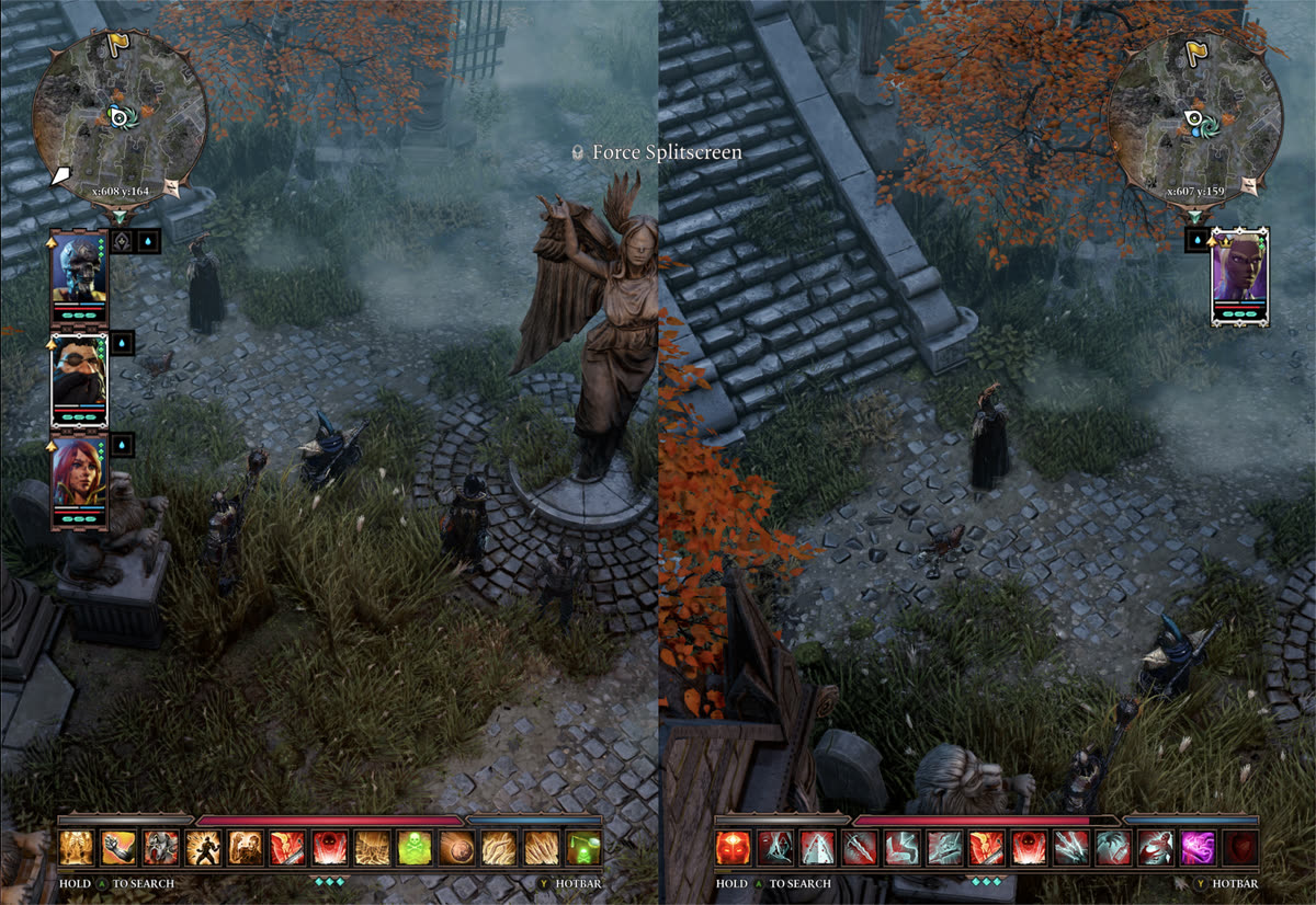 Divinity: Original Sin 2 in split screen on one iPad: each player with their own camera, minimap and hotbar in a misty graveyard