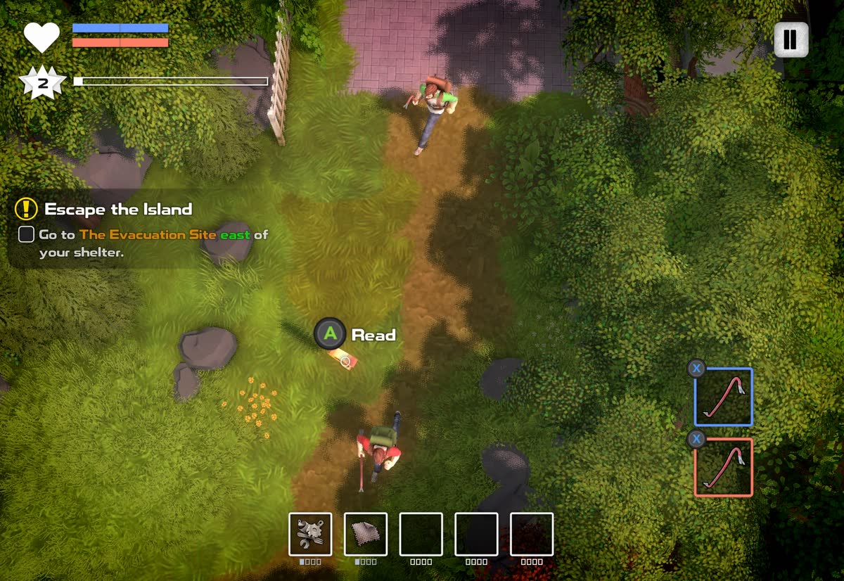 Two survivors in Dysmantle walking a forest path together on one screen, each with a crowbar