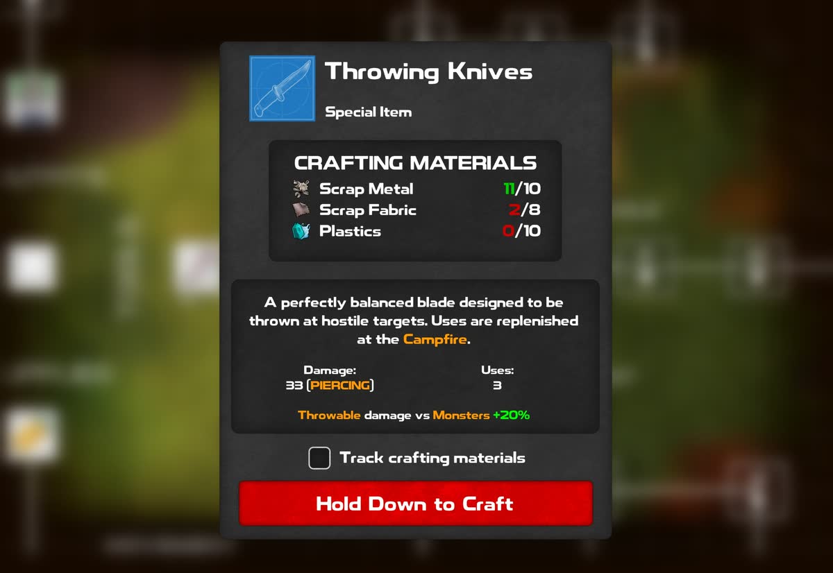 Crafting screen for throwing knives, showing the shared scrap metal, fabric and plastics