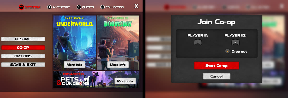 Two Dysmantle screens side by side: the in-game menu with Co-op highlighted, then the Join Co-op window with a controller for each player