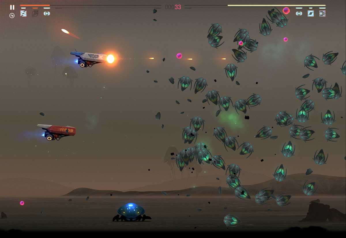 Flying Tank co-op: the blue and the red tank fly into a huge swarm of green-eyed insect creatures