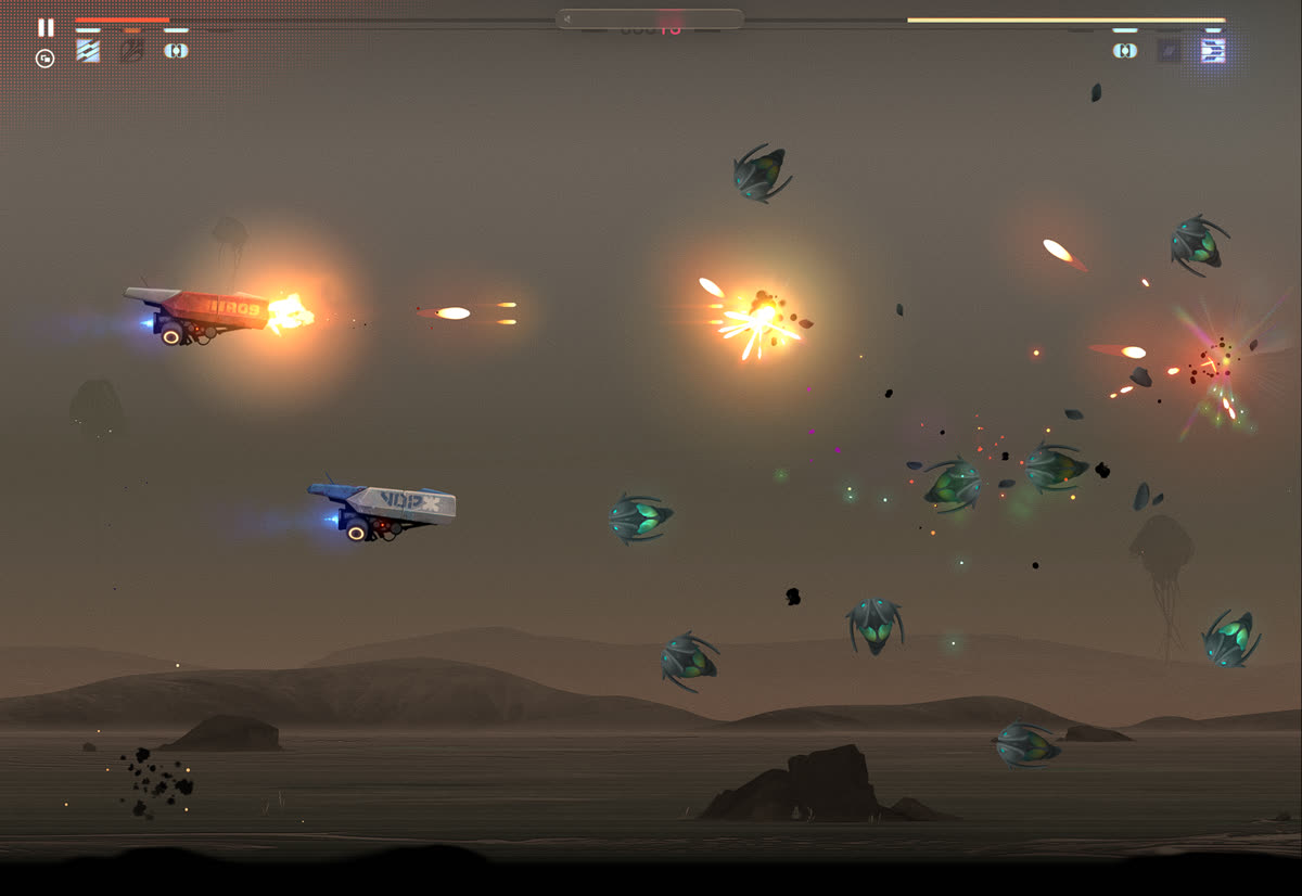 Both tanks firing, enemies exploding over a dusty plain