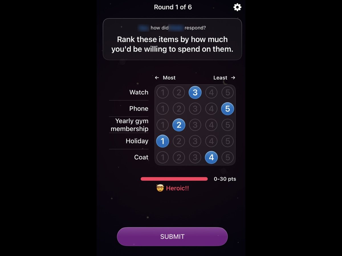 Great Minds round 1: guessing how the other player ranked watch, phone, gym membership, holiday and coat