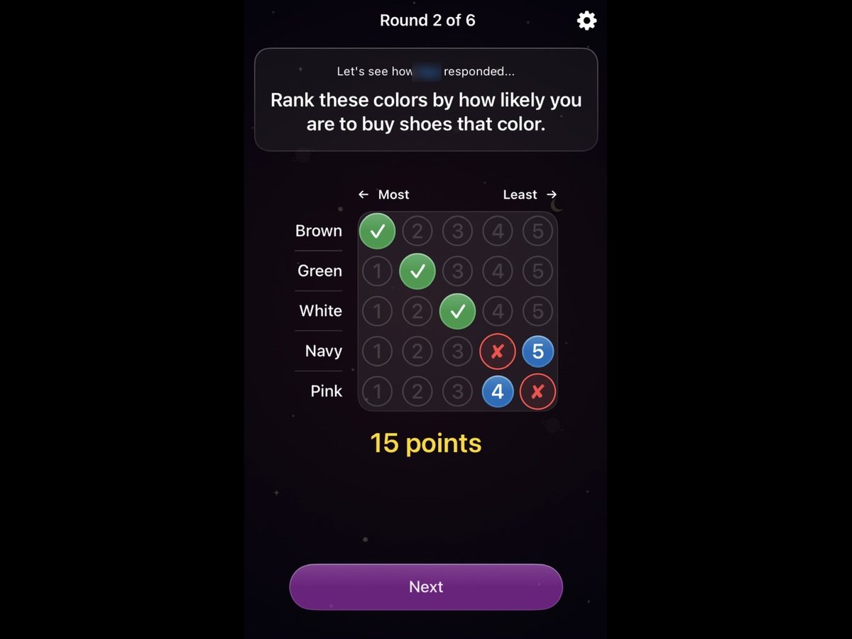 The same round sorted by the other player's order, worth 15 points