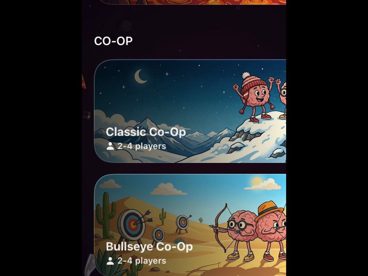 Great Minds mode selection with the Co-op section: Classic Co-Op, Bullseye Co-Op and Survival