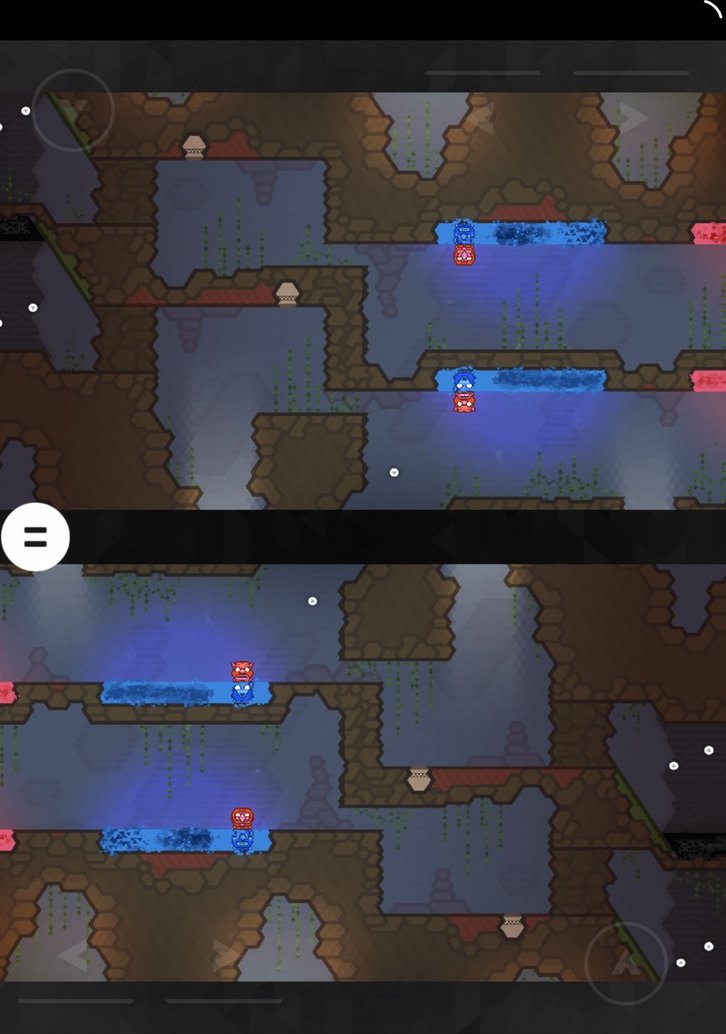 Kalimba co-op split screen: each player steers a red and a blue totem up a blue wall on their half of the iPad