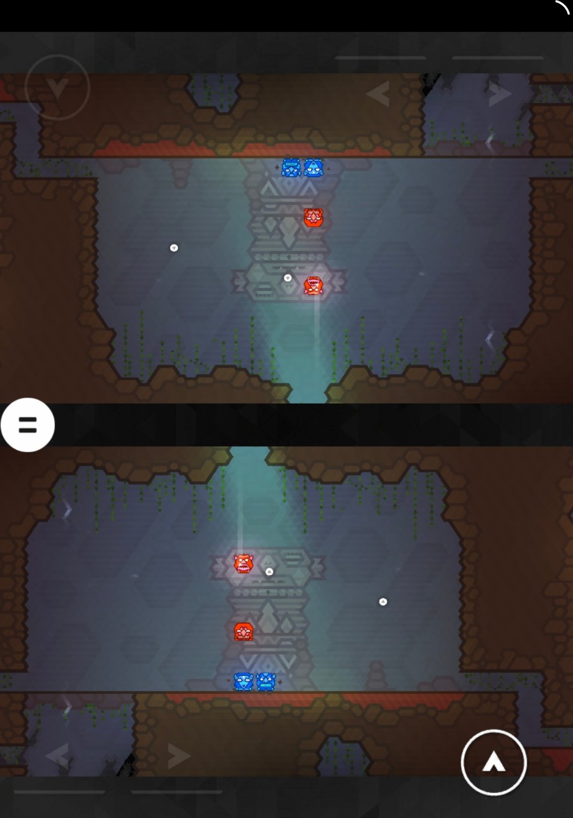 Both players' totems lined up at a gate, the two halves mirrored for players sitting face to face